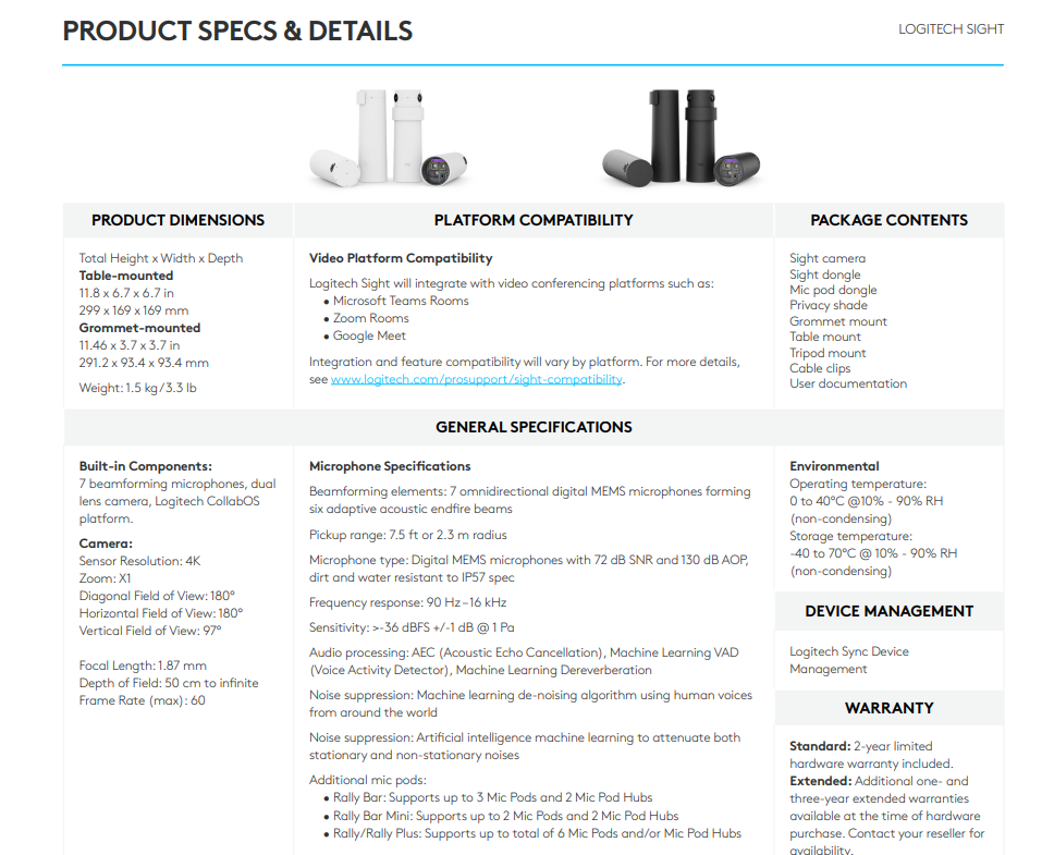 logitech sight product specifications