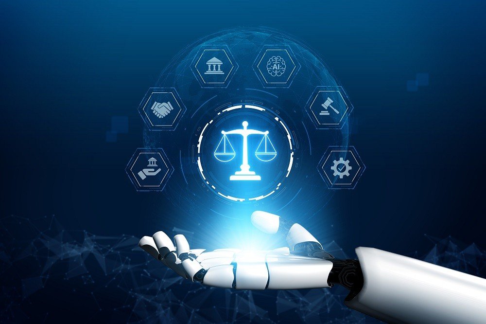AI legal and regulatory advisory services with justice, governance, and partnership icons