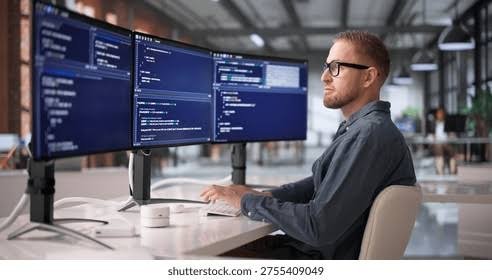 Developer working at a desk with an AI workstation